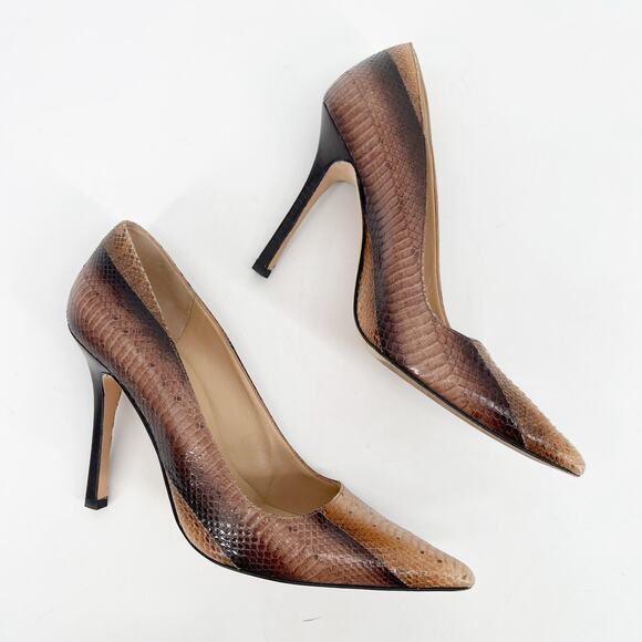 Manolo Blahnik Brown Tan Genuine Python Pointed Toe Stiletto Heel Pumps IT 38 - Picture 4 of 12